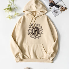 Khaki Sunflower Print Drawstring Hooded Sweater Long Sleeve