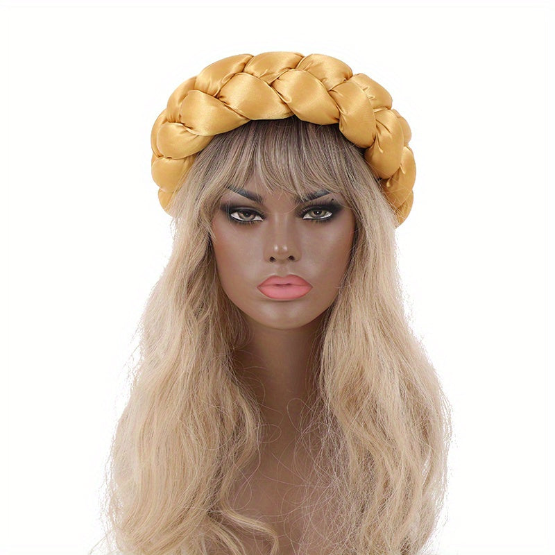 Golden Satin Twisted Braided Headband Women Turban Elastic 