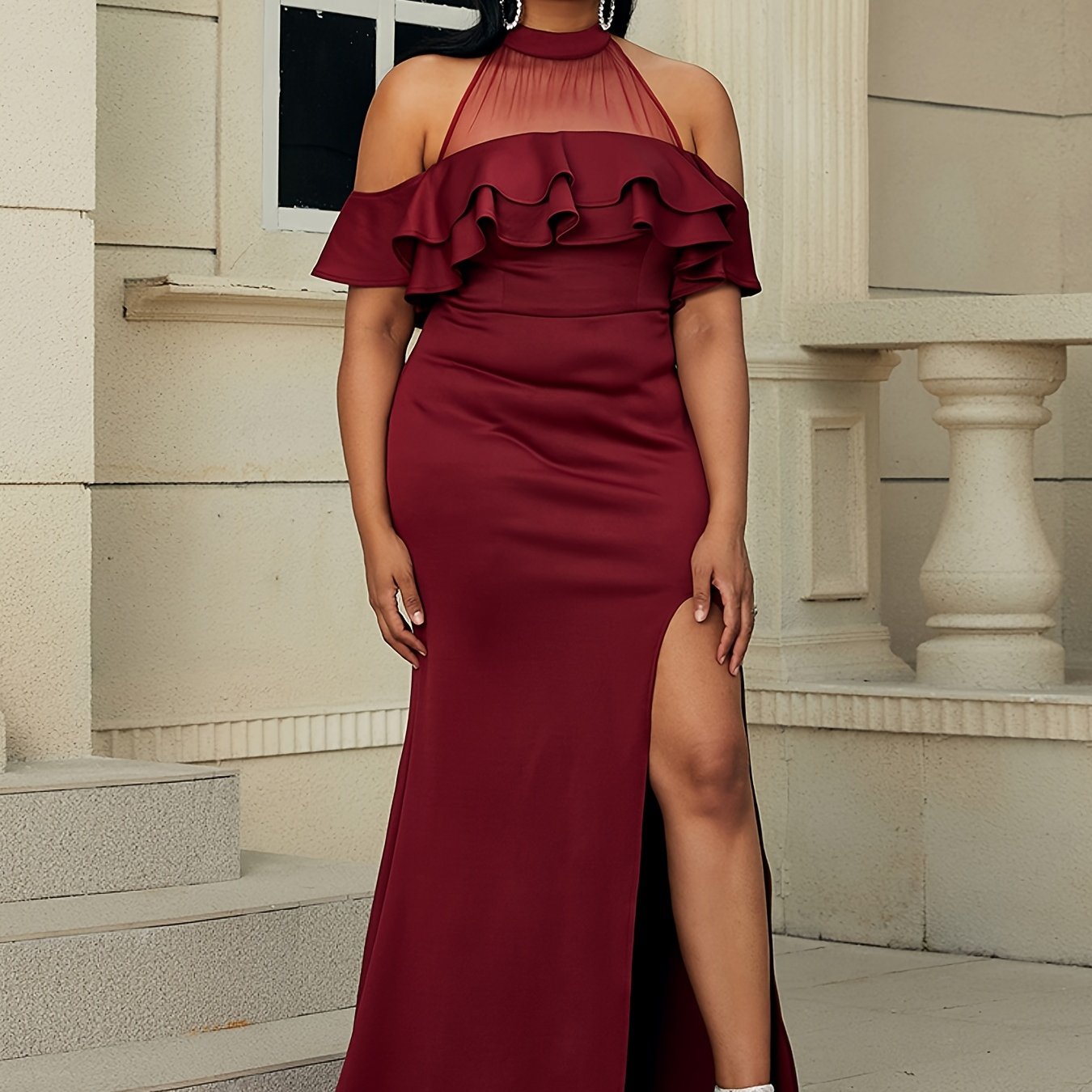  Contrast Mesh Off Shoulder Ruffle Trim Maxi Dress