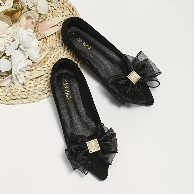 Women's Lace Bow Ballet Flats Pointed Toe Slip On Shoes