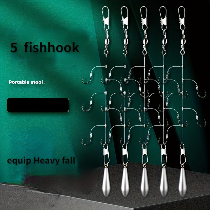 5 Fishhooks Set T Shaped Skewer Fishing Accessories Sizes 3-10 with String