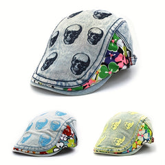Skull Embroidered Hip Hop Beret Washed Distressed Vintage Flat Hat
