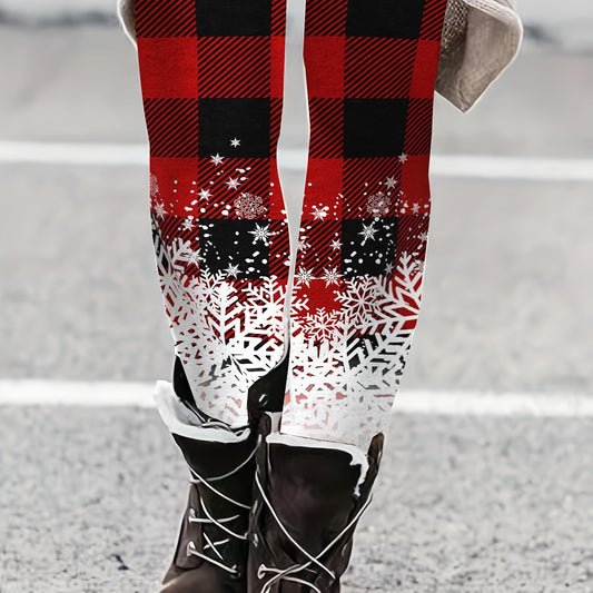  Christmas Leggings Women's Snowflake & Plaid Print Leggings