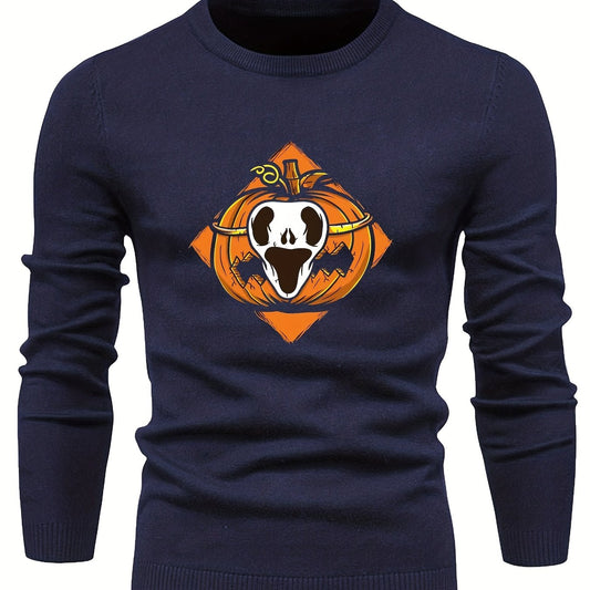 Cartoon Pumpkin Jack O Lantern Slim Warm Sweater Men's Casual Retro Style Middle