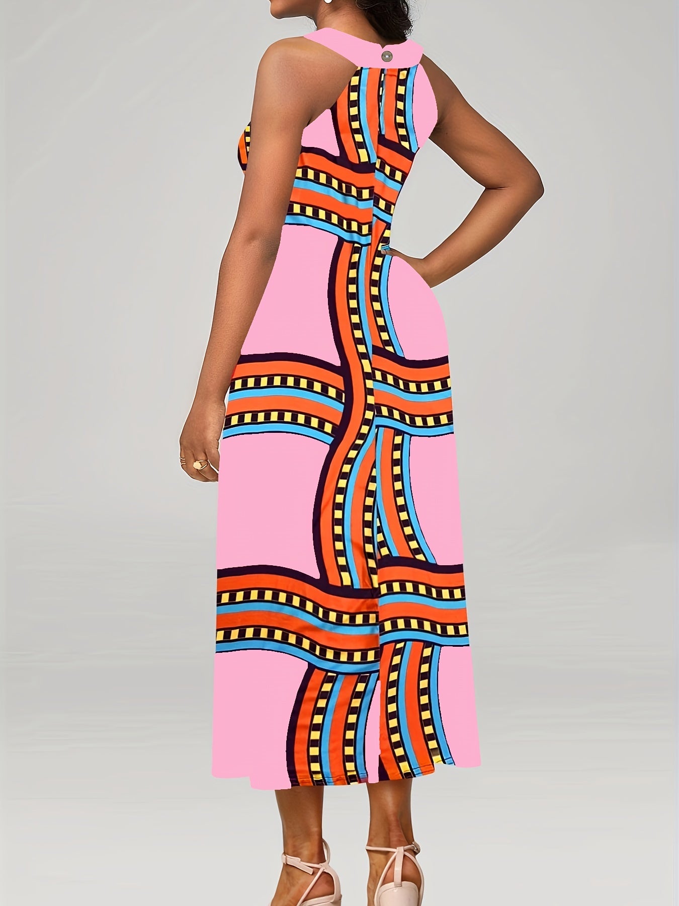  Graphic Print Cut Out Halter Neck Midi Tank Dress