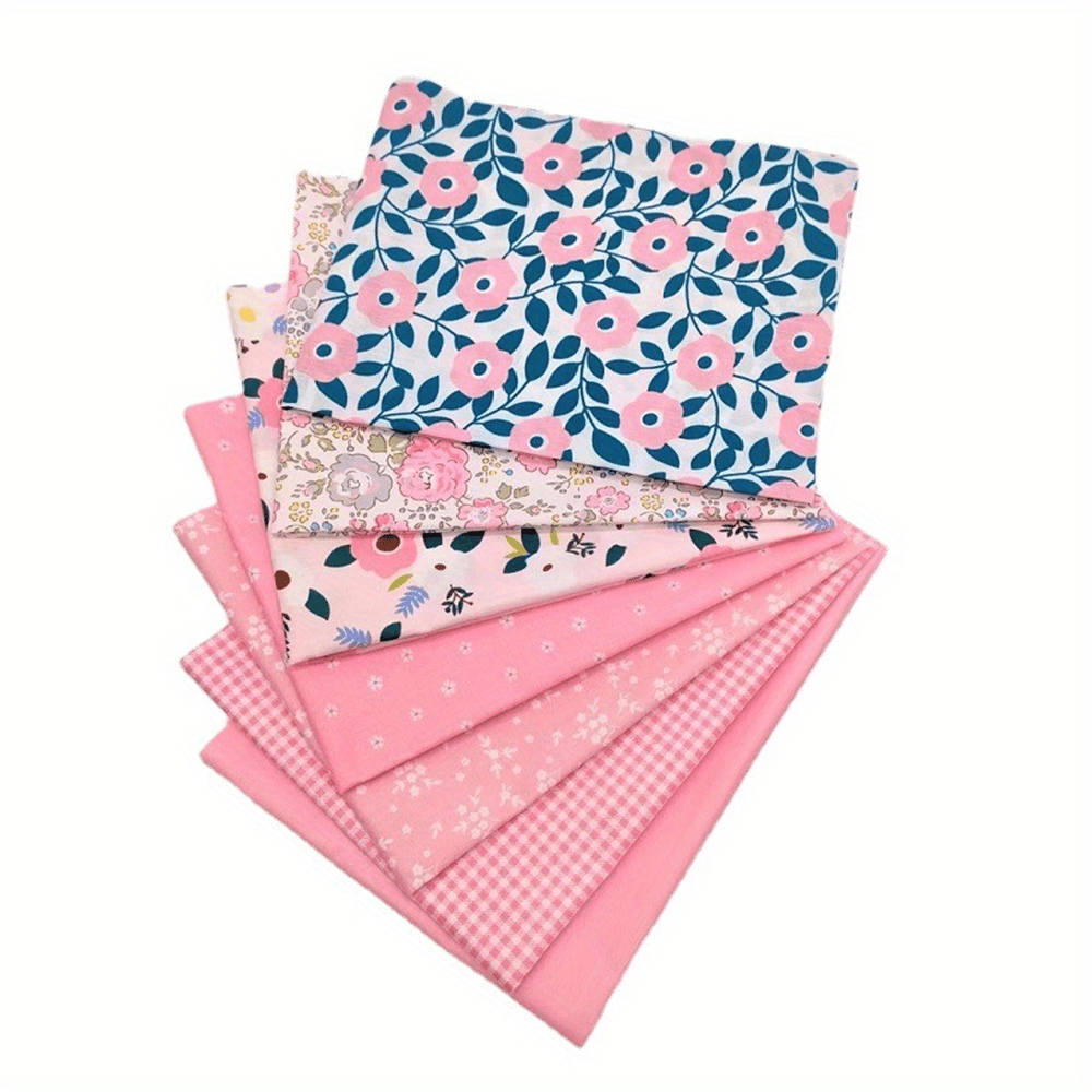 Pink Floral Cotton Twill Print Fabric DIY Patchwork 7 Pieces