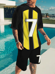 Men's Football Suit Stripe No 7 Short Sleeve Tee & Casual Shorts