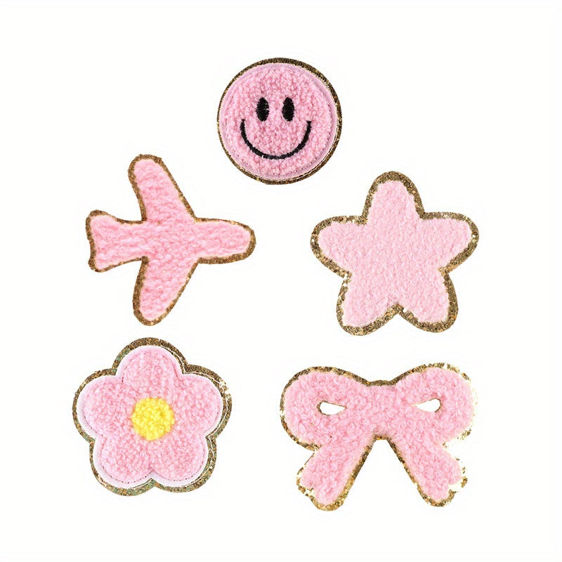 5pcs Chenille Embroidery Patches Pentagram Bow Flower Iron on Stickers
