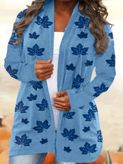  Leaf Print Cardigan Long Sleeve Stretch Coat