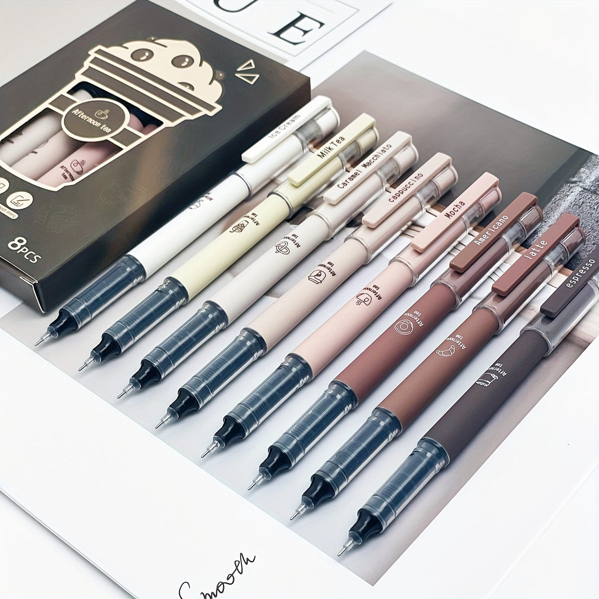 8pcs Coffee Themed Quick Dry Gel Pens Soft Fine Tip for Note Taking Drawing