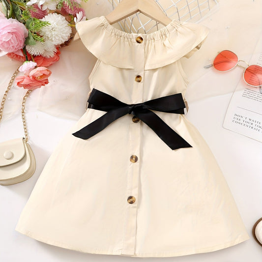 Girls Sleeveless Doll Collar Dress Bow Waistband Front Button Flared Dress