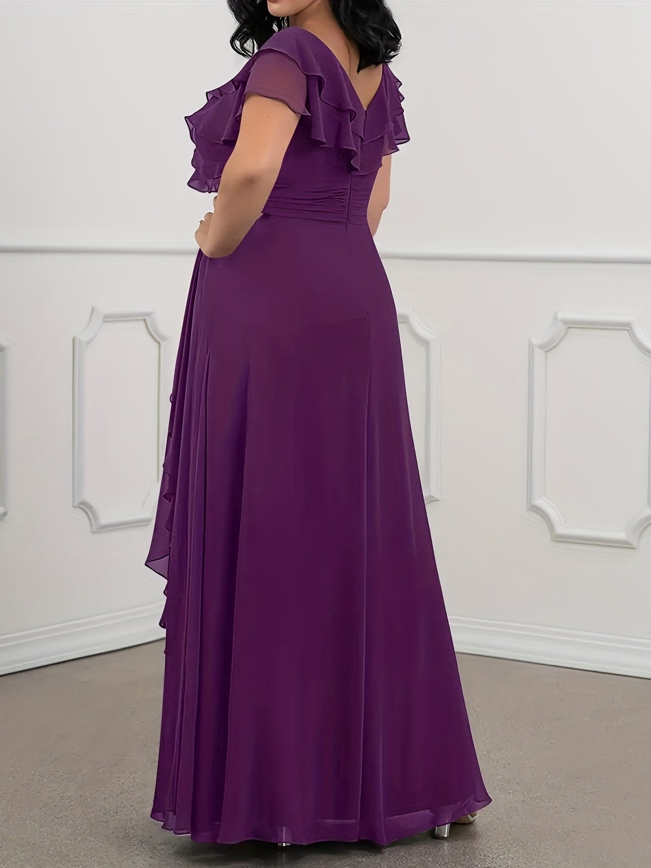  V Neck Ruffle Trim Evening Formal Dress