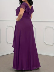  V Neck Ruffle Trim Evening Formal Dress