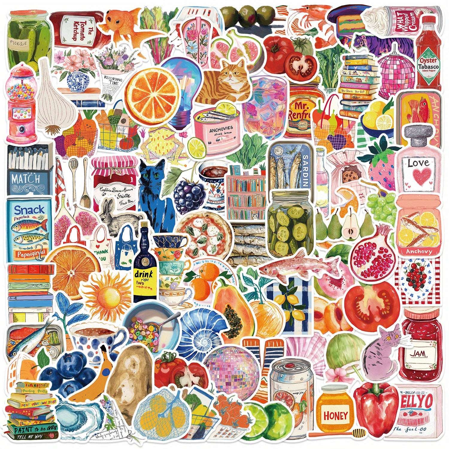 100pcs Waterproof Fruit & Vegetable Vinyl Stickers Mixed Colors