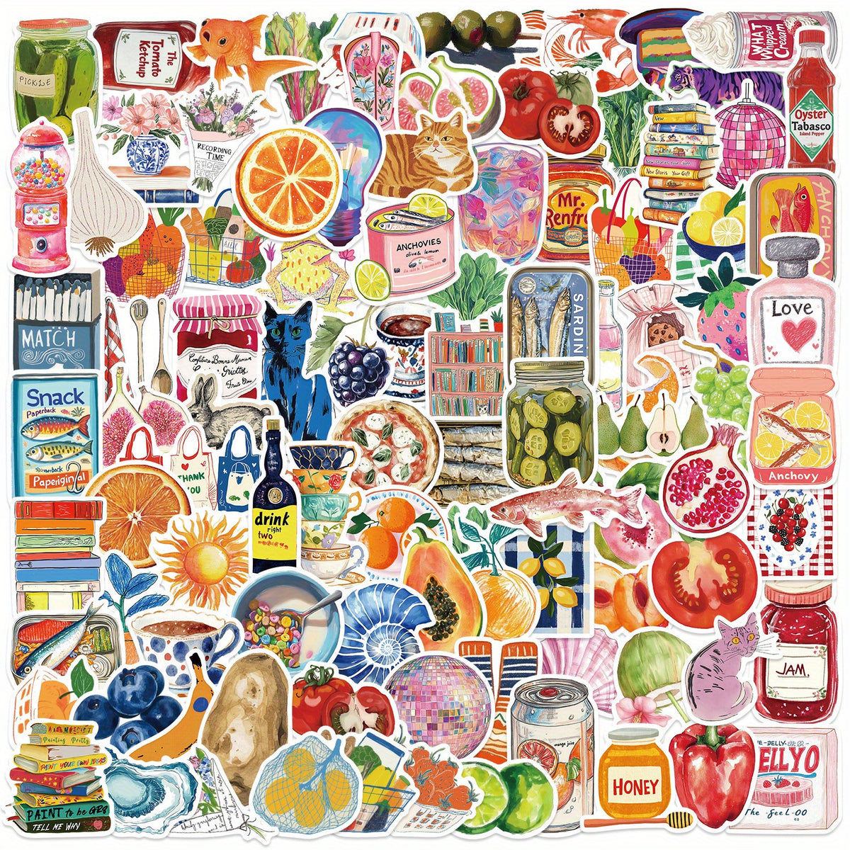 100pcs Waterproof Fruit & Vegetable Vinyl Stickers Mixed Colors