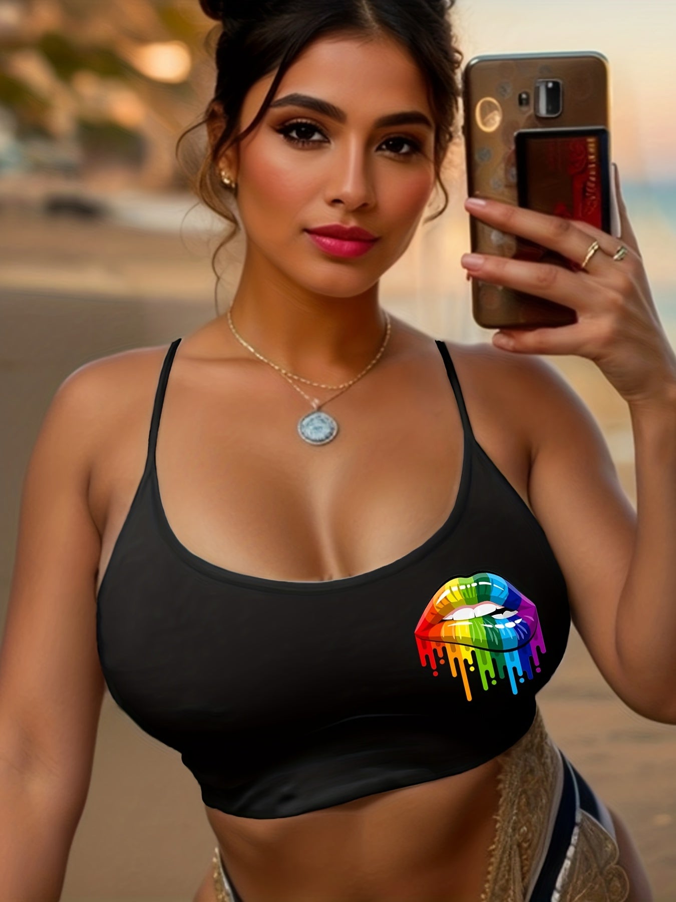Rainbow Lips Print Cami Sleep Tops Sexy Crew Neck Sleeveless Top