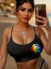 Rainbow Lips Print Cami Sleep Tops Sexy Crew Neck Sleeveless Top