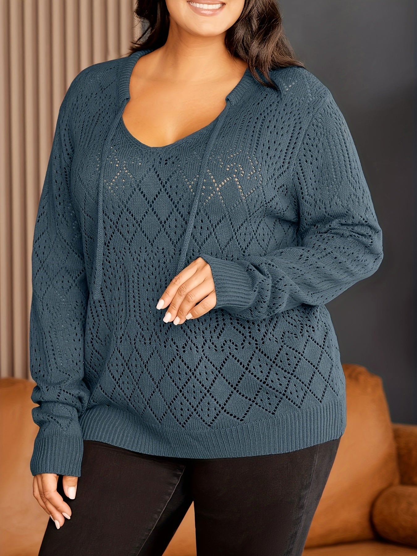  Casual Sweater Women's Solid Pointelle Drawstring V Neck Pullover