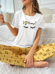 Heart Print Pajama Set Short Sleeve Crew Neck Top & Elastic Waistband Pants