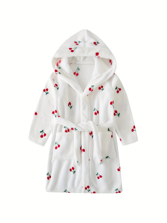 Girls Hooded Bathrobe Strawberry Pattern Flannel Soft Warm Pockets Belt Robe