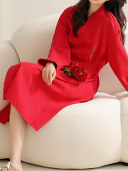 Women's Solid Lounge Robe V Neck Long Sleeve with Belt & Pockets
