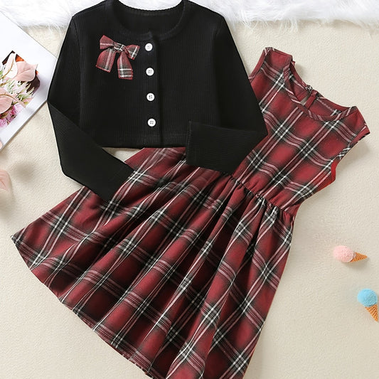 Girls Cotton Long Sleeve Top & Plaid Vest Dress Set