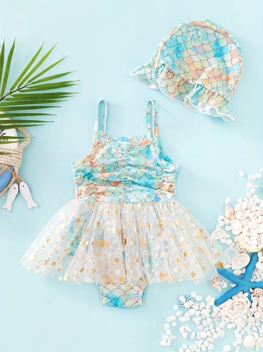 2pcs Toddler Girls Fish Scales Cami Swimsuit & Cap Set