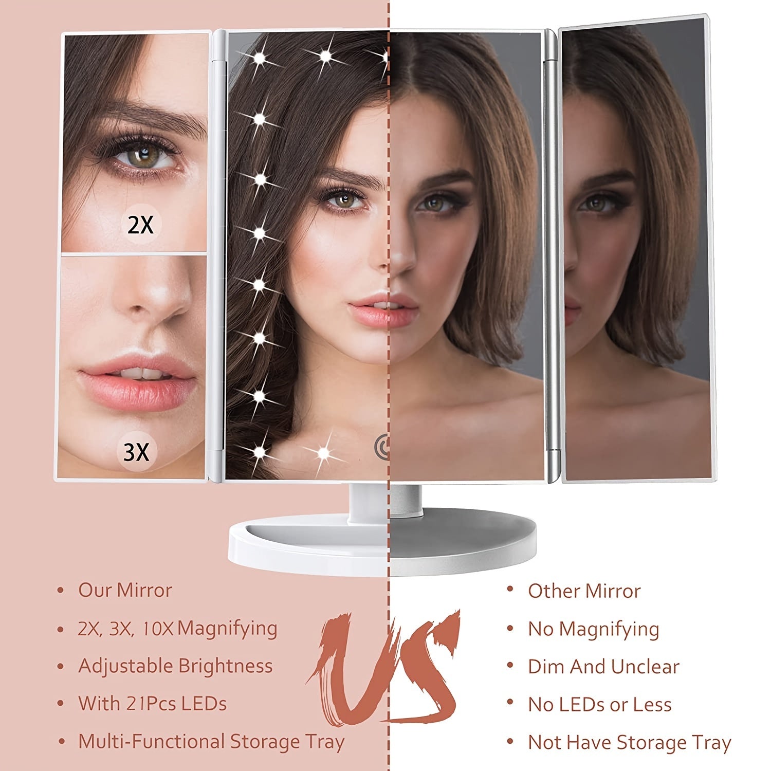 LED Makeup Mirror 1x2x3 Magnification Touch Control Dual Power Supply