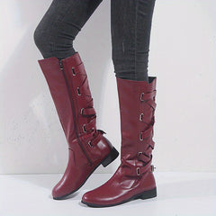 Women's Flat Knee High Boots Back Lace Up Cross Strap Side Zipper Long Boots