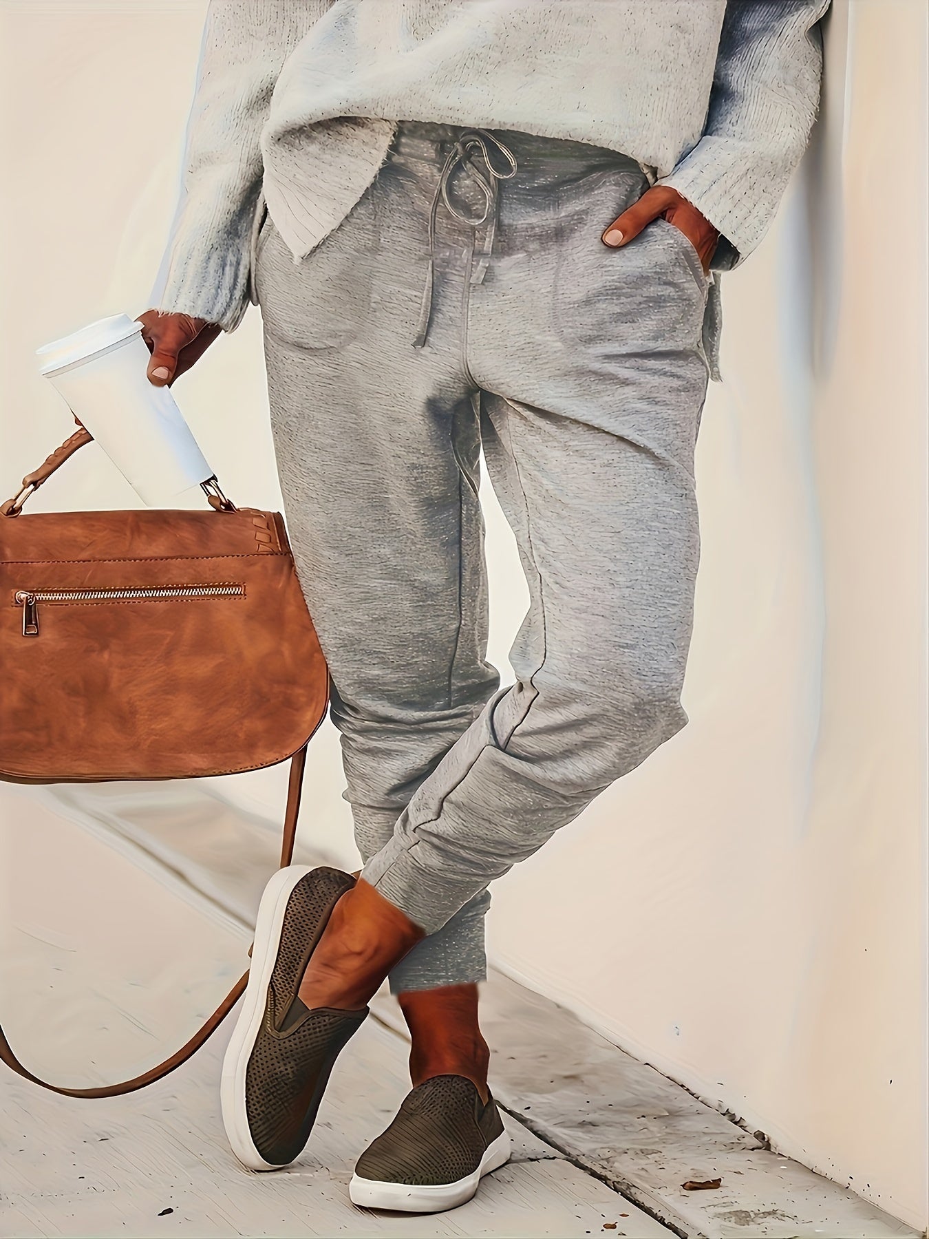  Solid Stitching Elastic Drawstring High Rise Trousers