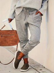  Solid Stitching Elastic Drawstring High Rise Trousers