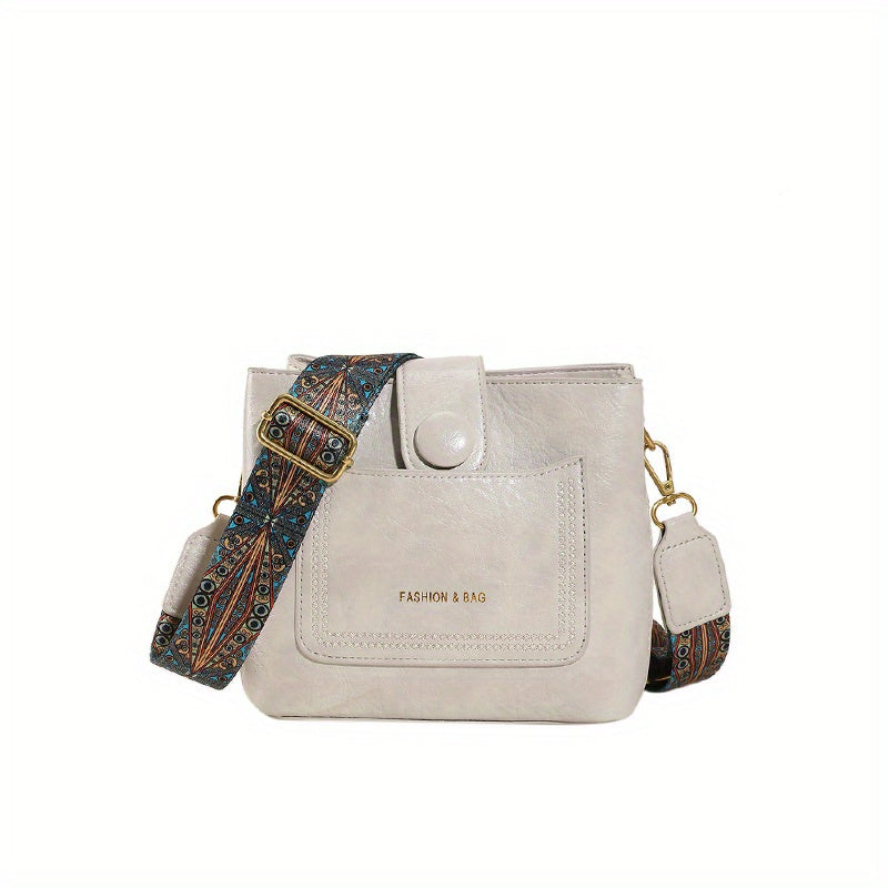 Retro Style Wax Leather Crossbody Bag Wide Strap Shoulder Purse