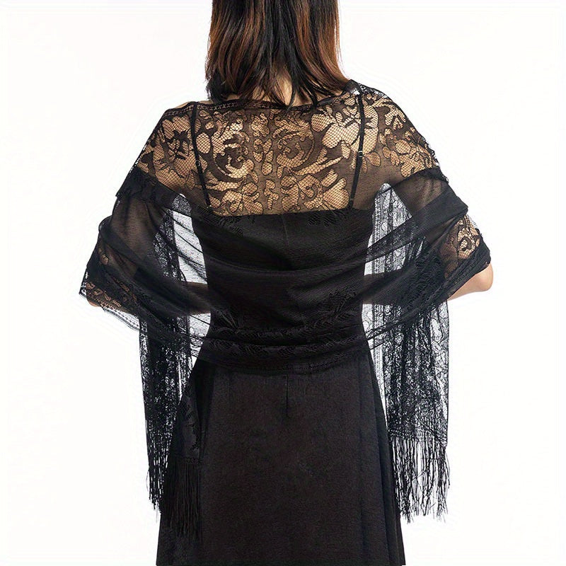 Lace Shawl Solid Hollow Out Tassel Wrap Scarf For Evening Dresses