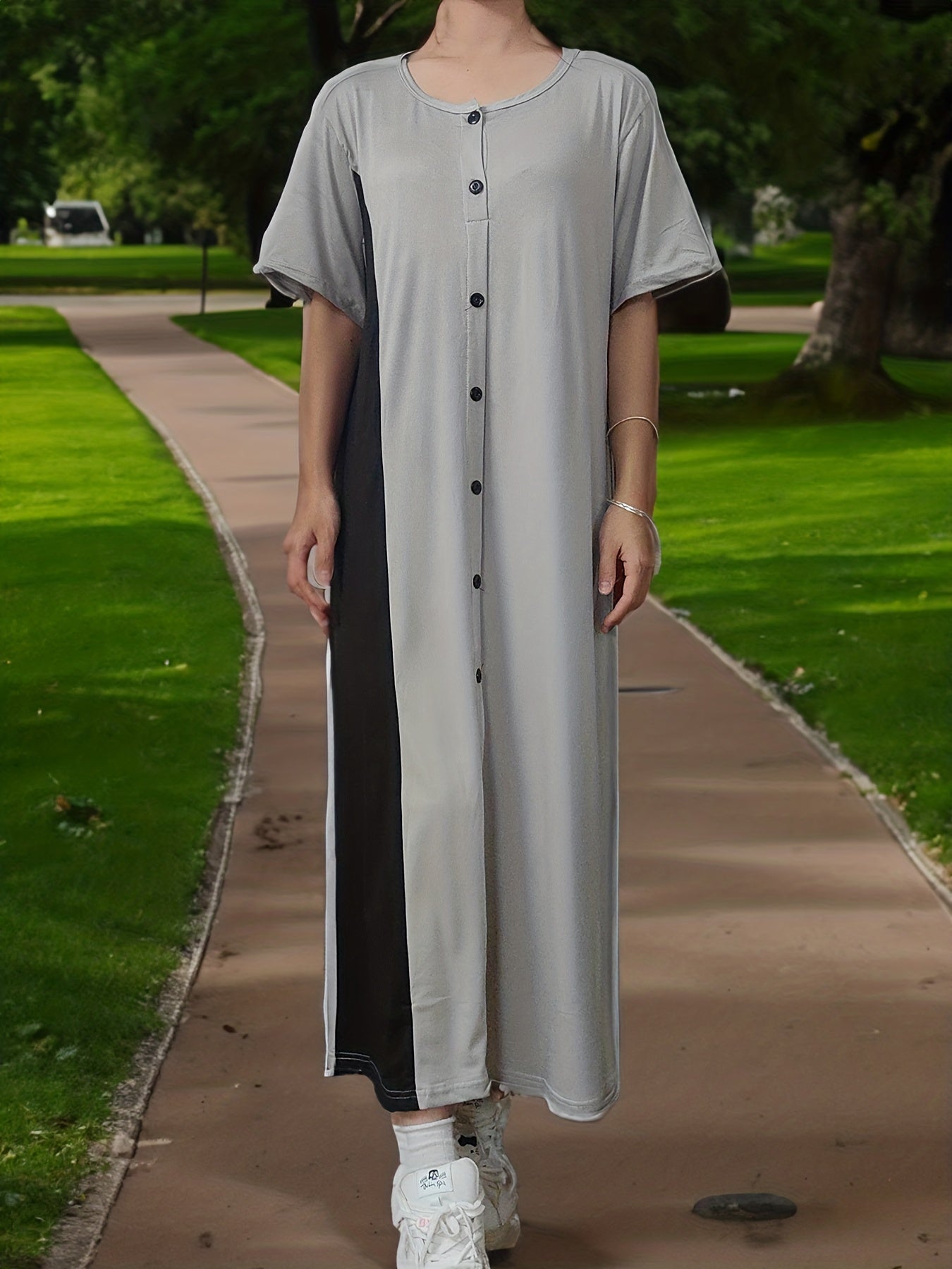  Colorblock Abaya Dress Short Sleeve Maxi Dress