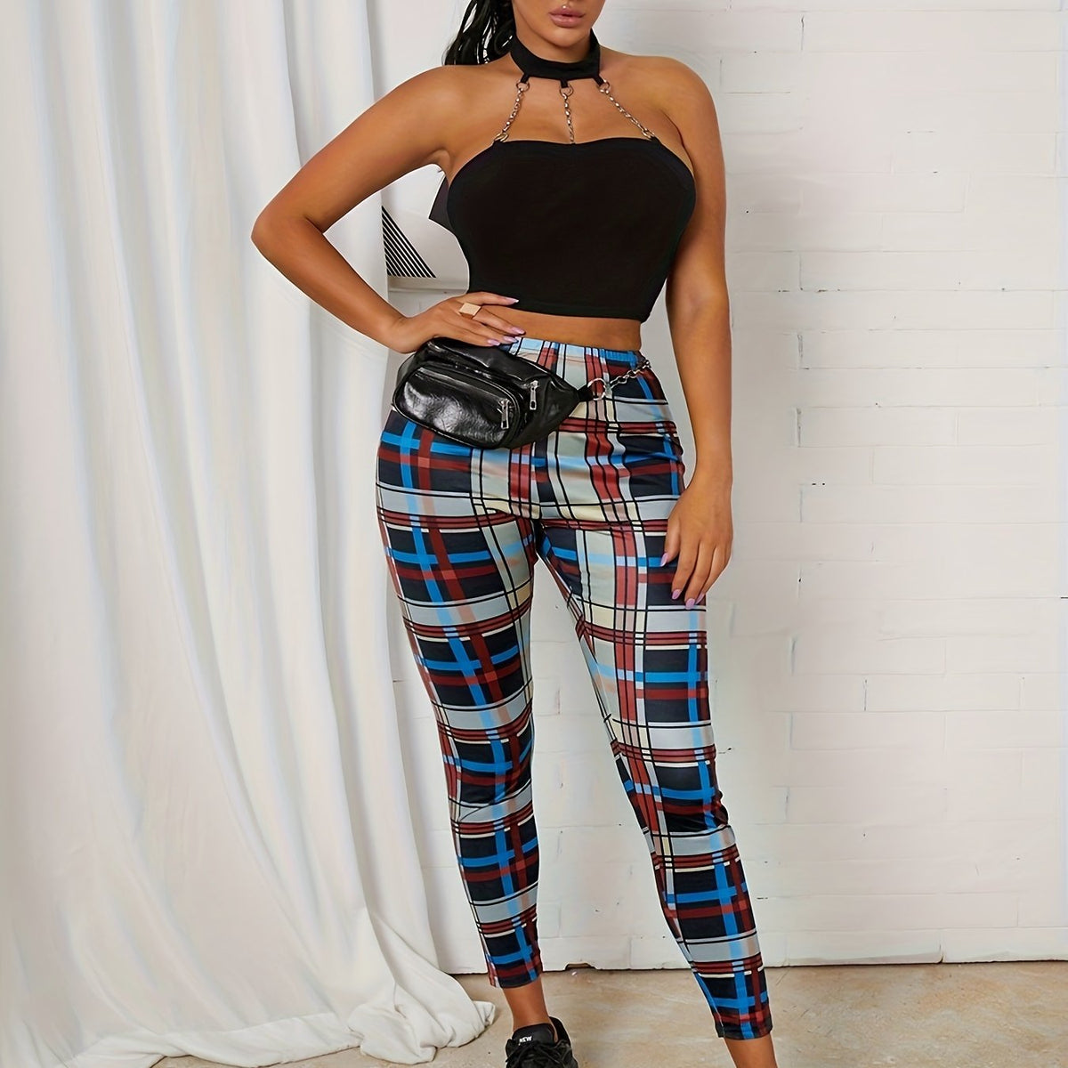  Women's Plaid Print High Rise Skinny Leggings
