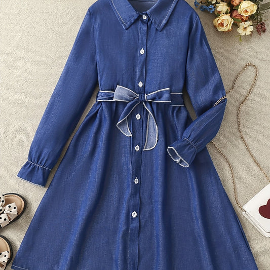Girls' Faux Denim Long Sleeve Dress With Belt Comfy Long Dresses