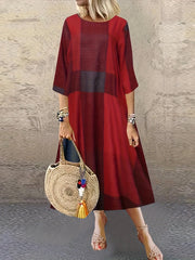 Colorblock Print Half Sleeve Round Neck Stretch Dress