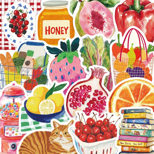 50pcs Pink Mediterranean Artistic Stickers Honey Fruits Vegetables Cat PVC