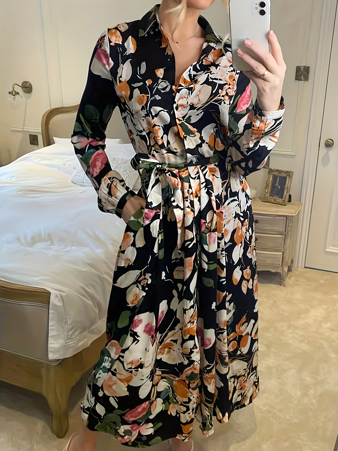 Women's Plus Floral Print Button Up Lapel Collar Midi Dress
