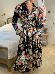Women's Plus Floral Print Button Up Lapel Collar Midi Dress