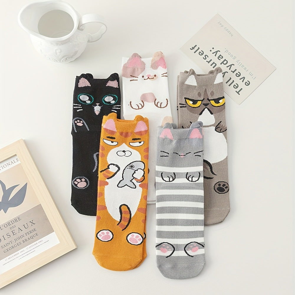 Girls Cartoon Graffiti Cats Pattern Crew Socks Pack of 5