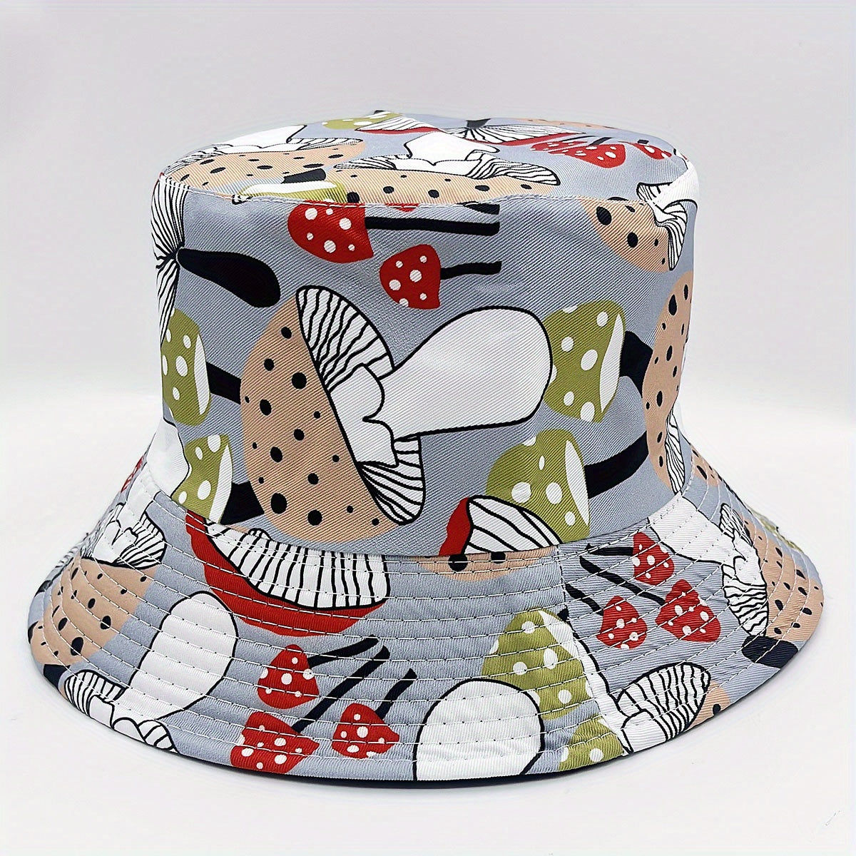 Mushroom Print Bucket Hat Grey Reversible Sunscreen Basin Hat