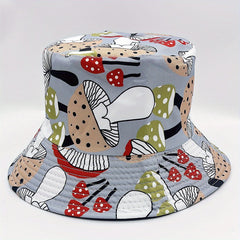 Mushroom Print Bucket Hat Grey Reversible Sunscreen Basin Hat