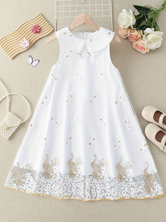 Toddler Girls Peacock & Flower Pattern Mesh Princess Dress