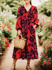 Floral Print Lantern Sleeve V Neck Dress With Pockets