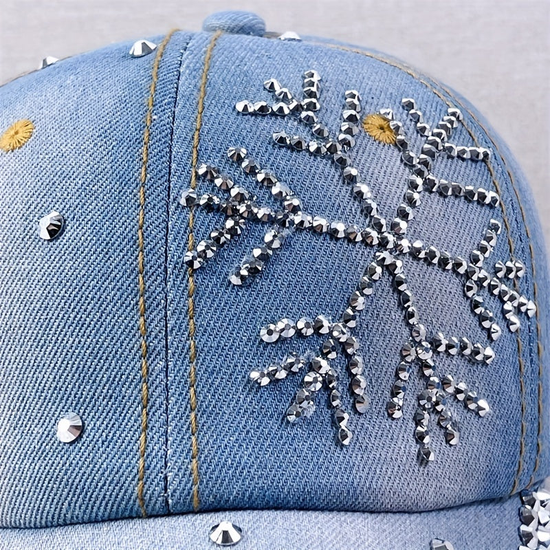 Rhinestone Snowflake Denim Baseball Cap Distressed Dad Hats Sun Hats