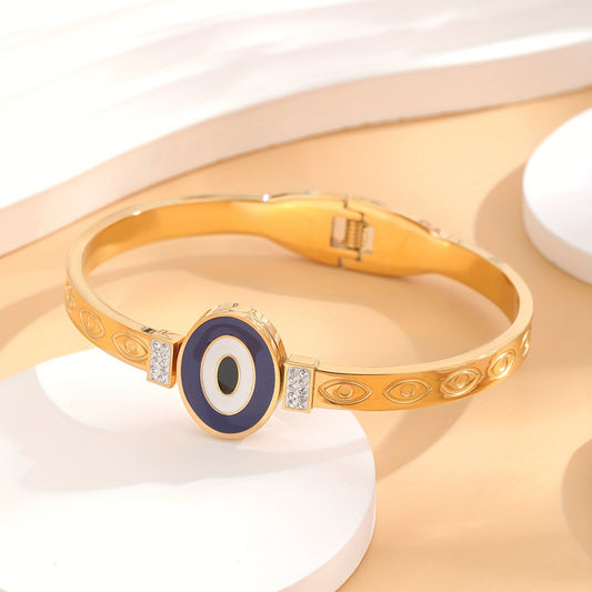 Evil Eye Detail & CZ Round Bangle Bracelet For Girls