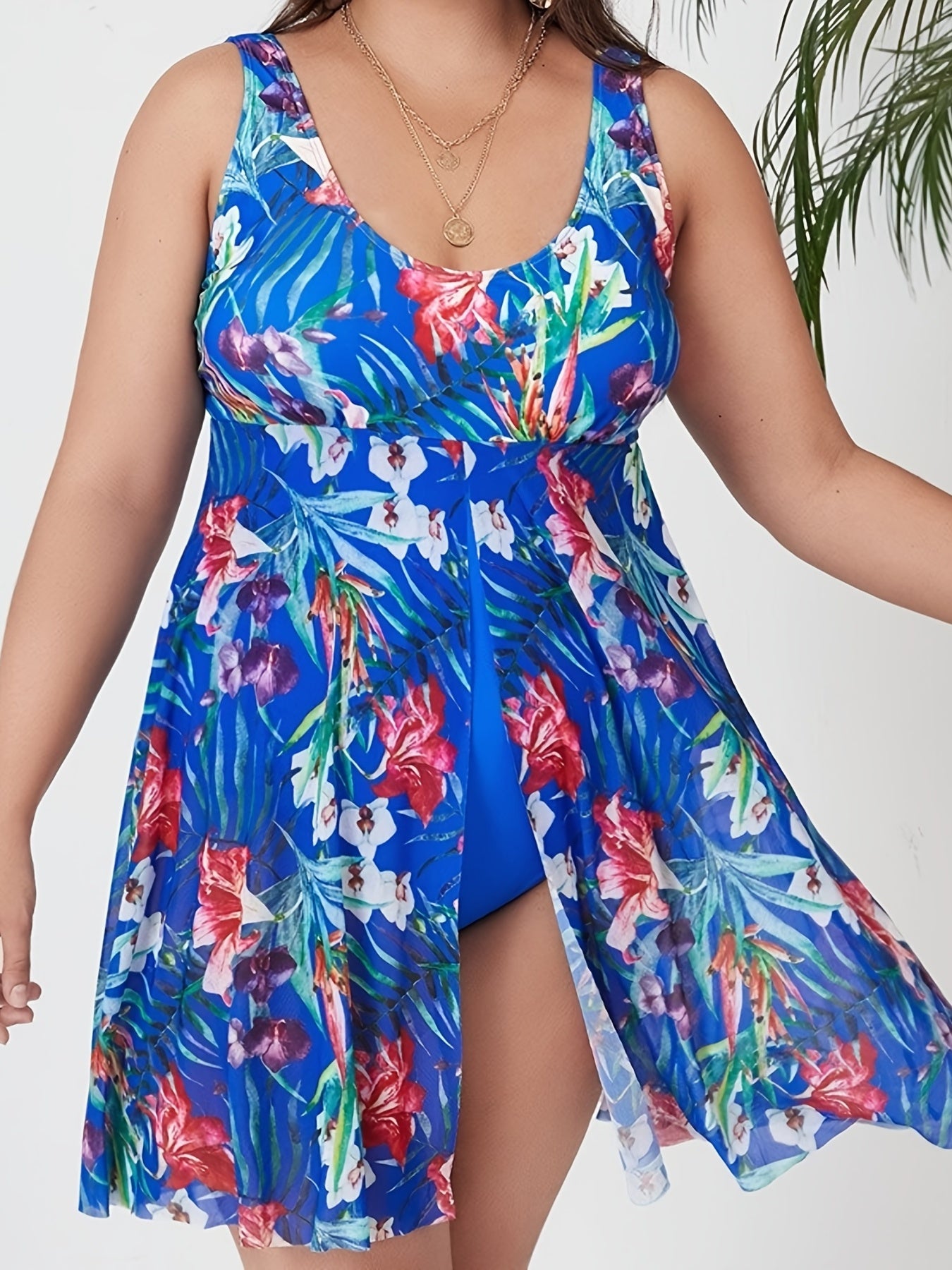  Tropical Print Mesh Layered Swimsuit