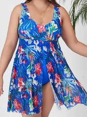  Tropical Print Mesh Layered Swimsuit