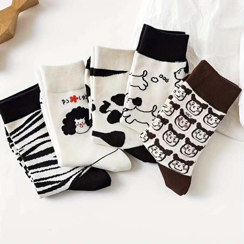5 Pairs Cartoon Print Socks Comfy & Mid Tube Socks Women's Stockings